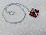 Women Necklace Long Stainless Steel Chain Amber Red Glass Square Jewelry