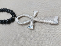 Silver Ankh Wire Wrapped Large Men Necklace Jewelry Black Beaded Statement