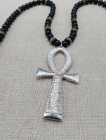 Silver Ankh Pendant Necklace Beaded Black Yellow Green Jamaica Inspired Egyptian Statement