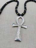 Silver Ankh Pendant Necklace Beaded Black Yellow Green Jamaica Inspired Egyptian Statement