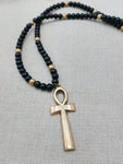 Gold Tone Ankh Pendant Black Beaded Necklace Unisex Jewelry Egyptian Ethnic