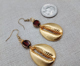 Gold Tone Cowrie Earrings Women Dangle Red Jewelry