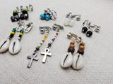 Women Non Pierced Earring Clip On Set of 7 Beaded Silver Jewelry Elephant Ankh Cowrie Gift Ideas for Her