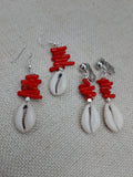 Cowrie Earrings Red Coral Ethnic Beaded Jewelry Handmade Women