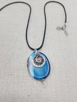 Blue Agate Stone Necklace Women Silver Pendant Black Cord Jewelry