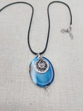 Blue Agate Stone Necklace Women Silver Pendant Black Cord Jewelry
