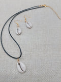 Women Cowrie Jewelry Set Necklace Earrings Black Cord Gold Tone Small Ethnic Statement