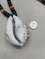 Men Necklace African Cowrie Shell Jewelry Black Beaded Orange Krobo Handmade Gift Ideas