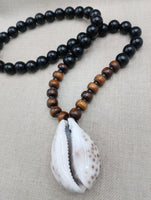 African Cowrie Shell Pendant Black Brown Beaded Jewelry Men Ethnic Gift Ideas