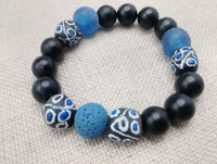Black Blue Beaded Bracelet Ethnic Handmade Unisex Jewelry Size 7
