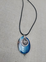 Blue Agate Stone Necklace Women Silver Pendant Black Cord Jewelry
