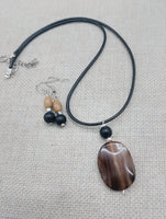 Women Jewelry Set  Agate Beaded Cord Necklace Small Earrings