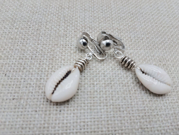 Cowrie Clip On Earrings Silver Women Jewelry Handmade Dangle