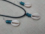 Cowrie Shell Jewelry Set Necklace Earrings Glass Teal Beaded Black Cord Women
