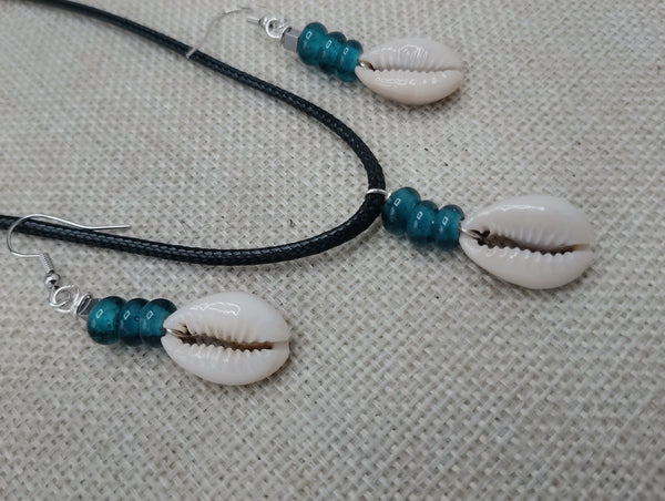 Cowrie Shell Jewelry Set Necklace Earrings Glass Teal Beaded Black Cord Women