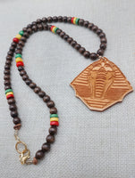 Men Necklace King Pharaoh Wooden Pendant Jewelry Beaded Brown Red Yellow Green