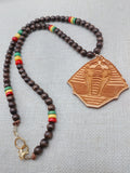 Men Necklace King Pharaoh Wooden Pendant Jewelry Beaded Brown Red Yellow Green