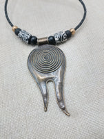 Tribal Necklace Swirl Antique Bronze Black Leather Women's Jewelry Cord Ethnic Large Pendant