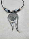Tribal Necklace Swirl Antique Bronze Black Leather Women's Jewelry Cord Ethnic Large Pendant