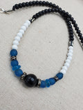 Blue Men Necklace White Black Beaded Jewelry Gift for Him Handmade