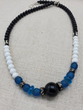 Blue Men Necklace White Black Beaded Jewelry Gift for Him Handmade