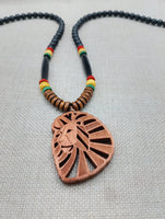 Wooden Lion Necklace Beaded Men Rasta Ghana Unisex Red Black Green Yellow Handmade Jewelry