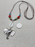 Silver Elephant Pendant Colorful Dangle Necklace Red Blue Green Cowrie Adjustable Women Jewelry