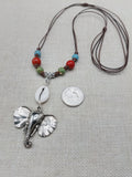 Silver Elephant Pendant Colorful Dangle Necklace Red Blue Green Cowrie Adjustable Women Jewelry