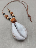 Large Cowrie Shell Necklace Leather Cord Wood Beads Jewelry Men Gift