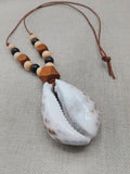 Large Cowrie Shell Necklace Leather Cord Wood Beads Jewelry Men Gift