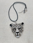 Silver Tone Leopard Jaguar  Necklace Black Cord Jewelry