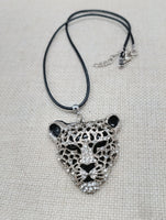 Silver Tone Leopard Jaguar  Necklace Black Cord Jewelry