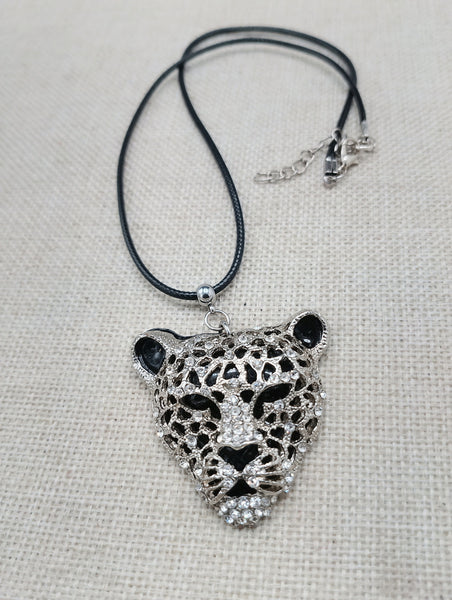 Silver Tone Leopard Jaguar  Necklace Black Cord Jewelry
