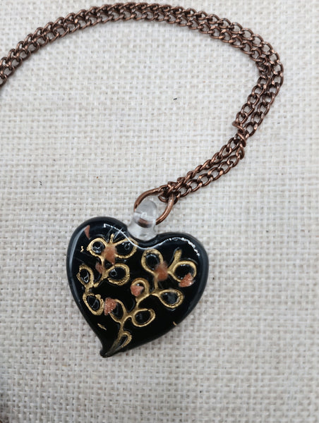 Women's Murano Heart Necklace Gold Black Copper Jewelry Glass Chain Gift Ideas