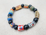 African Beaded Bracelet Unisex Blue Black Colorful Jewelry Handmade Stretch Size 7.5