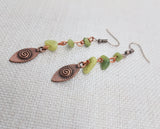 Women Earring Copper Green Stone Beaded Jewelry Handmade Long Dangle