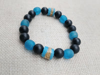 Blue Bracelet Black Beaded Glass Ethnic African Krobo Stone Unisex Jewelry Stretch Size 7