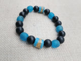 Blue Bracelet Black Beaded Glass Ethnic African Krobo Stone Unisex Jewelry Stretch Size 7