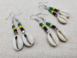 Small Women Jamaica Earrings Green Yellow Black Beaded Dangle Cowrie Jewelry