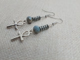Silver Ankh Earrings Egyptian Beaded Women Dangle Hematite