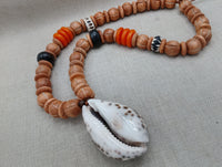 Large Cowrie Shell Necklace Men Jewelry Beaded Orange Wood Brown Gift Handmade