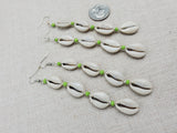 Cowrie Earrings Boho Summer Green Jewelry Silver Handmade Women Long Dangle
