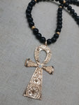 Gold Tone Ankh Pendant Necklace Black Beaded Jewelry Men Ethnic Egyptian