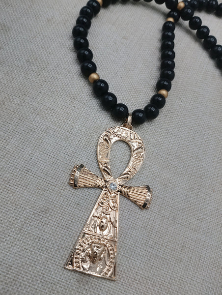 Gold Tone Ankh Pendant Necklace Black Beaded Jewelry Men Ethnic Egyptian
