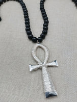 Silver Ankh Wire Wrapped Large Men Necklace Jewelry Black Beaded Statement