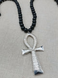 Silver Ankh Wire Wrapped Large Men Necklace Jewelry Black Beaded Statement