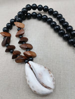 Men Necklace Large Cowrie Shell Beaded Black Wooden Jewelry Ethnic Handmade Statement