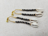 Women Clip On Earrings Black Gold Cowrie Long Dangle Beaded Jewelry Non Pierced