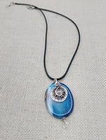 Blue Agate Stone Necklace Women Silver Pendant Black Cord Jewelry