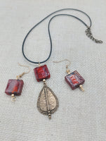 Antique Copper Teardrop Murano Glass Women Necklace Jewelry Set Earrings Amber Red